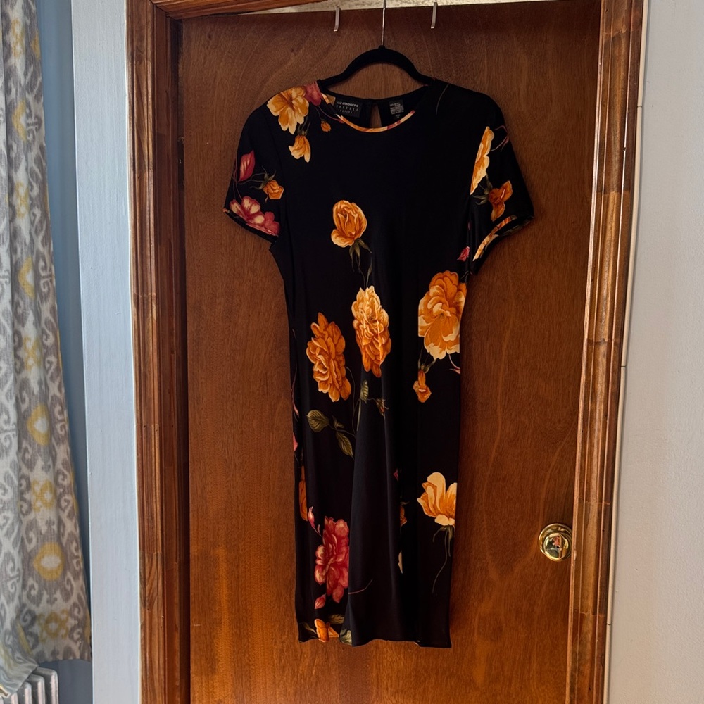 Liz Claiborne Black Dress with Orange and Red Floral Design